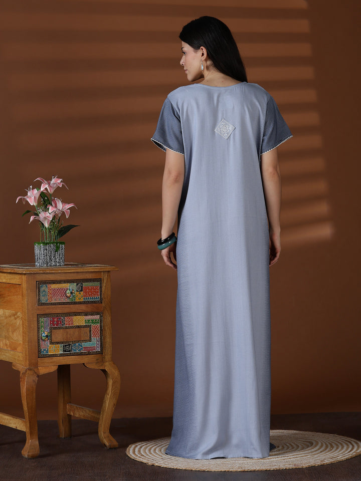 Whisper Grey Alpine Designer Nighty for Women with Embroidery