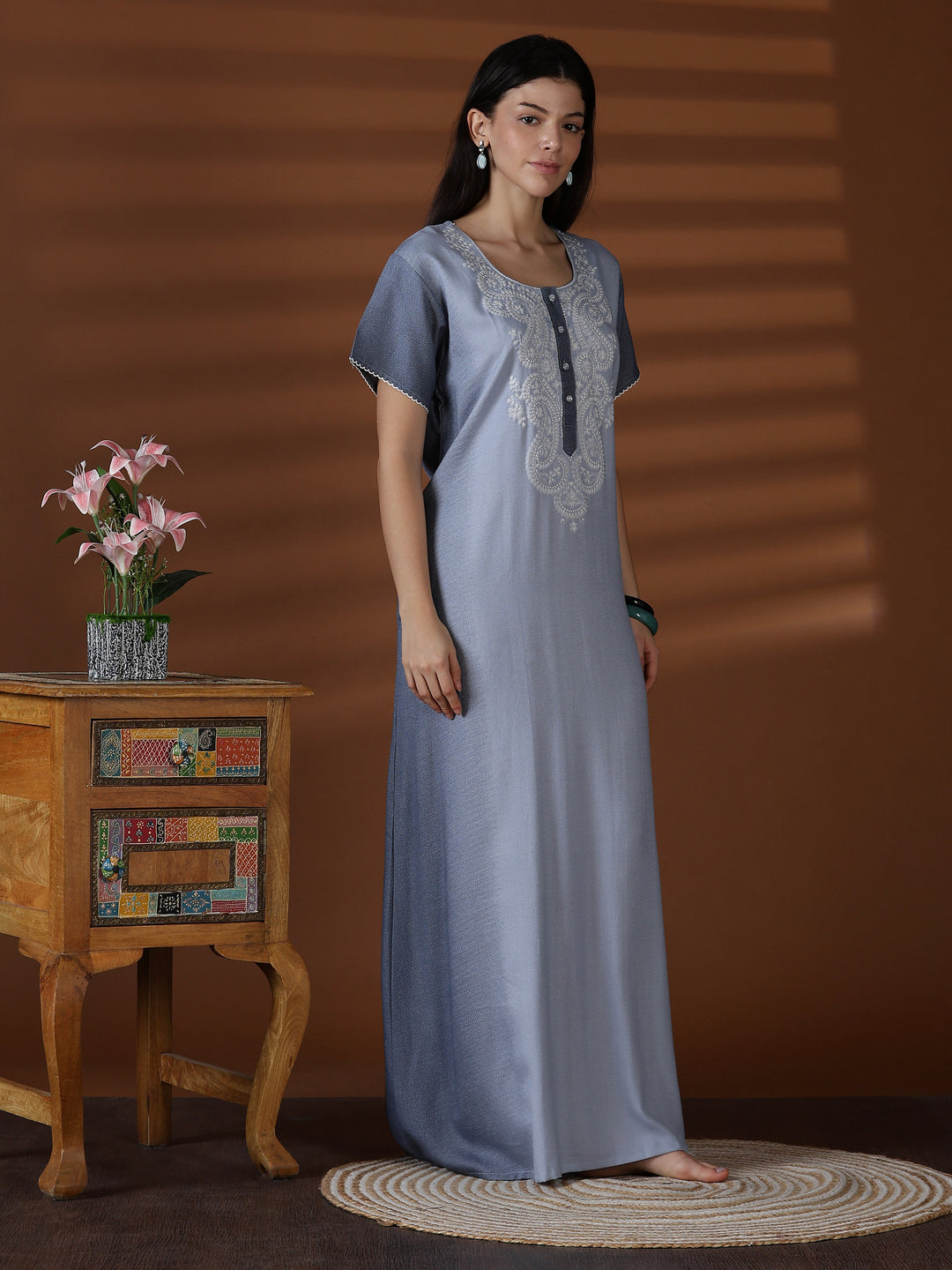 Whisper Grey Alpine Designer Nighty for Women with Embroidery