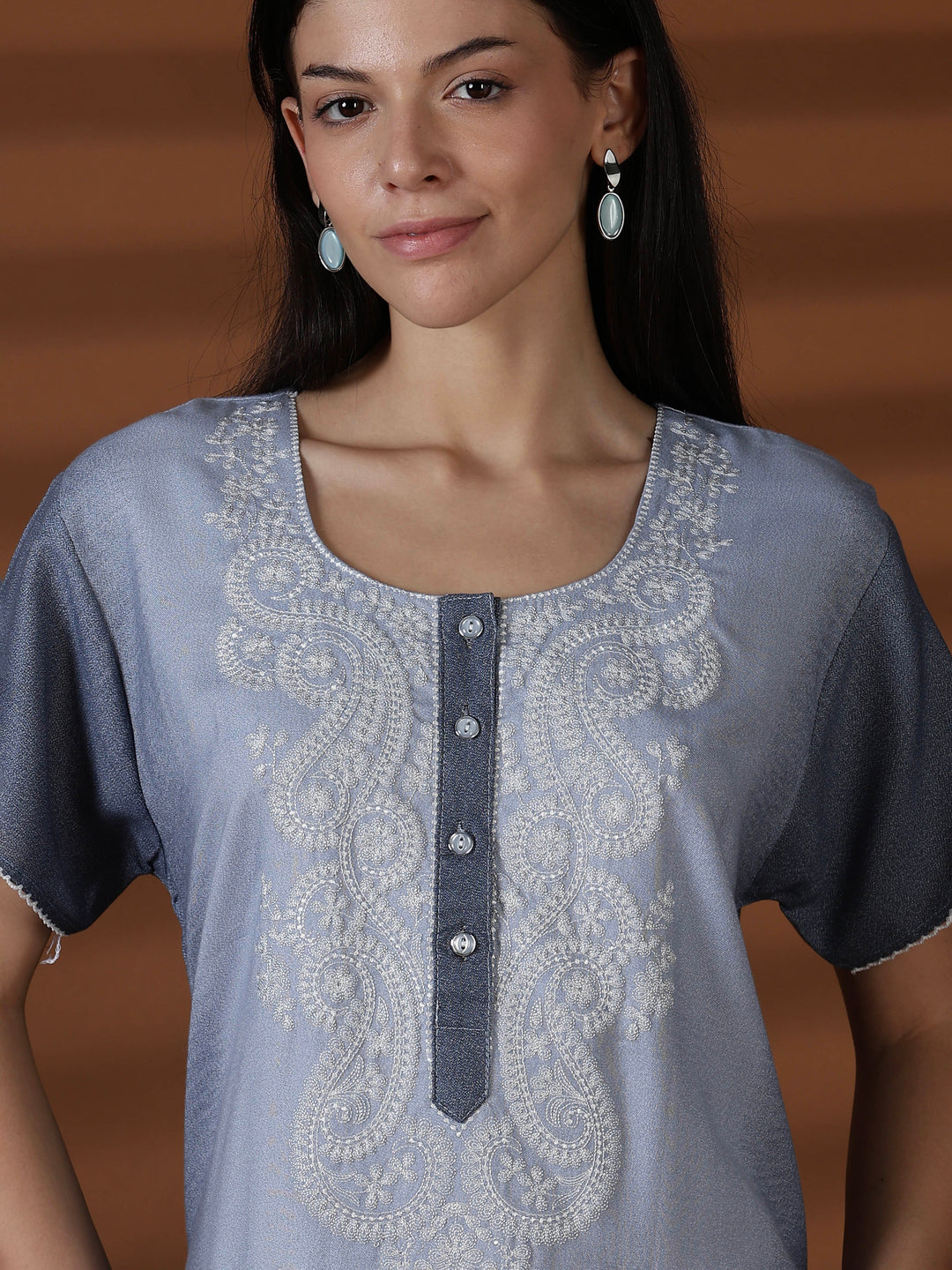 Whisper Grey Alpine Designer Nighty for Women with Embroidery