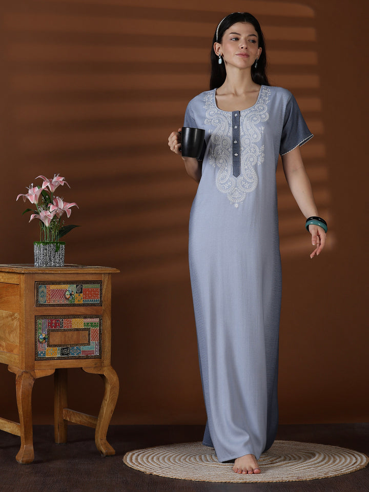 Whisper Grey Alpine Designer Nighty for Women with Embroidery