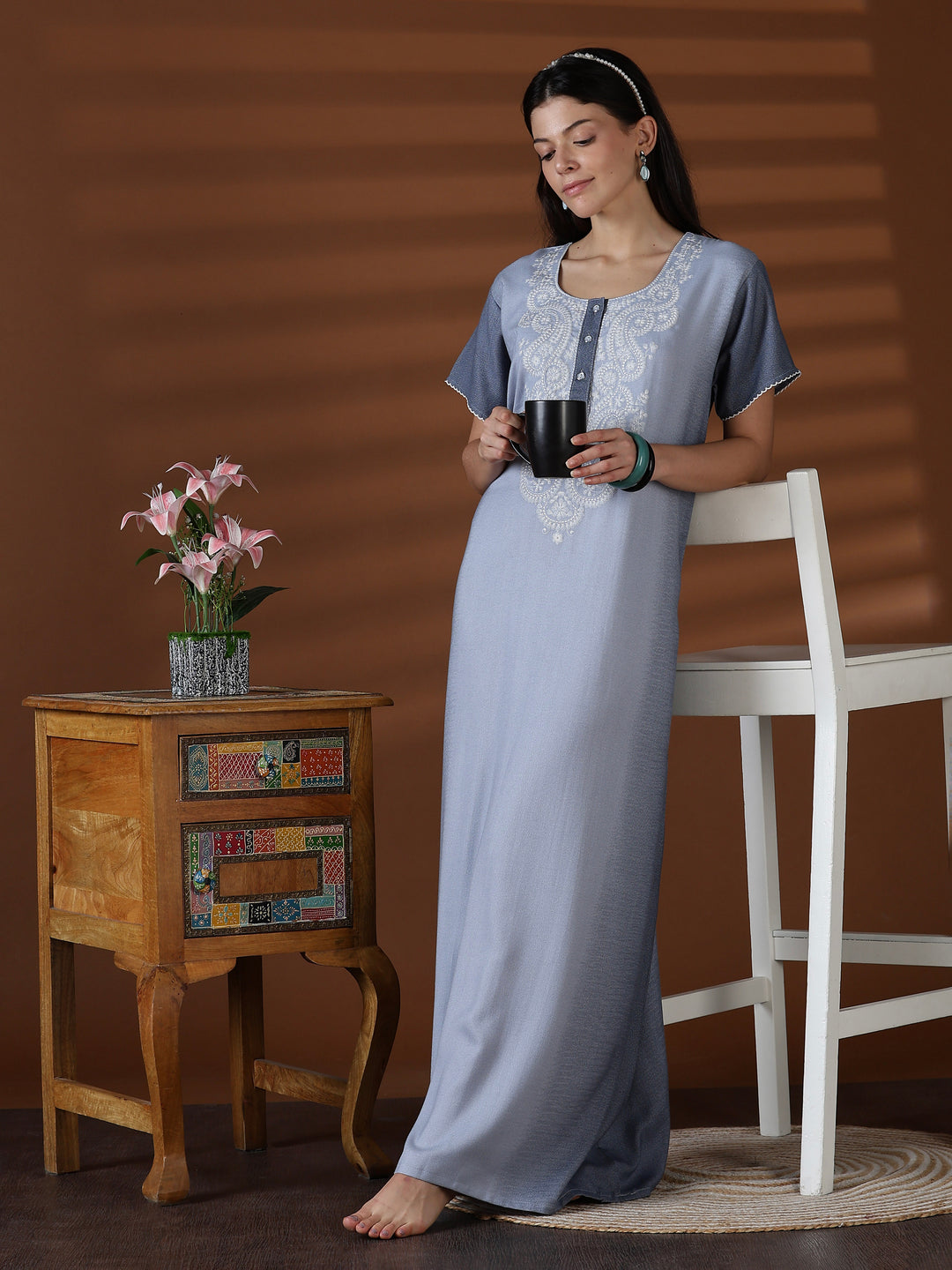 Whisper Grey Alpine Designer Nighty for Women with Embroidery