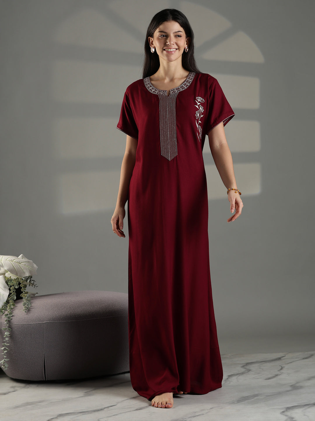 Ruby Red Embroidered Nighty for Women Stylish Cotton Blend
