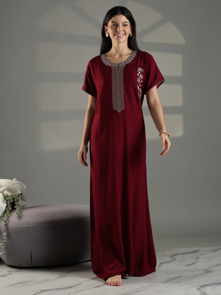 Ruby Red Embroidered Nighty for Women Stylish Cotton Blend