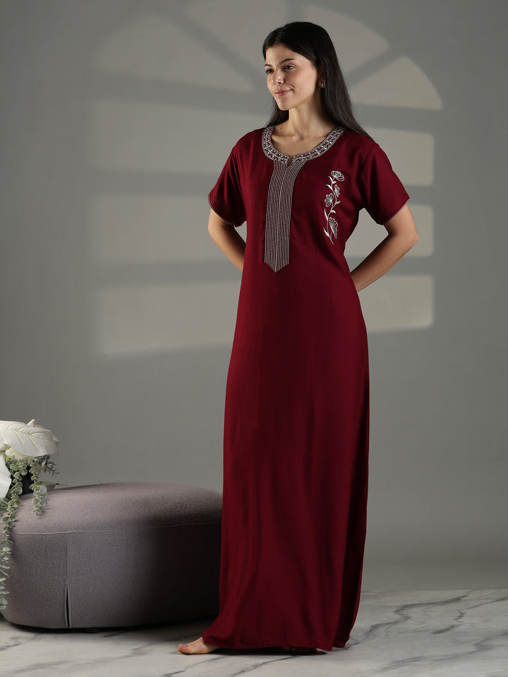 Ruby Red Embroidered Nighty for Women Stylish Cotton Blend