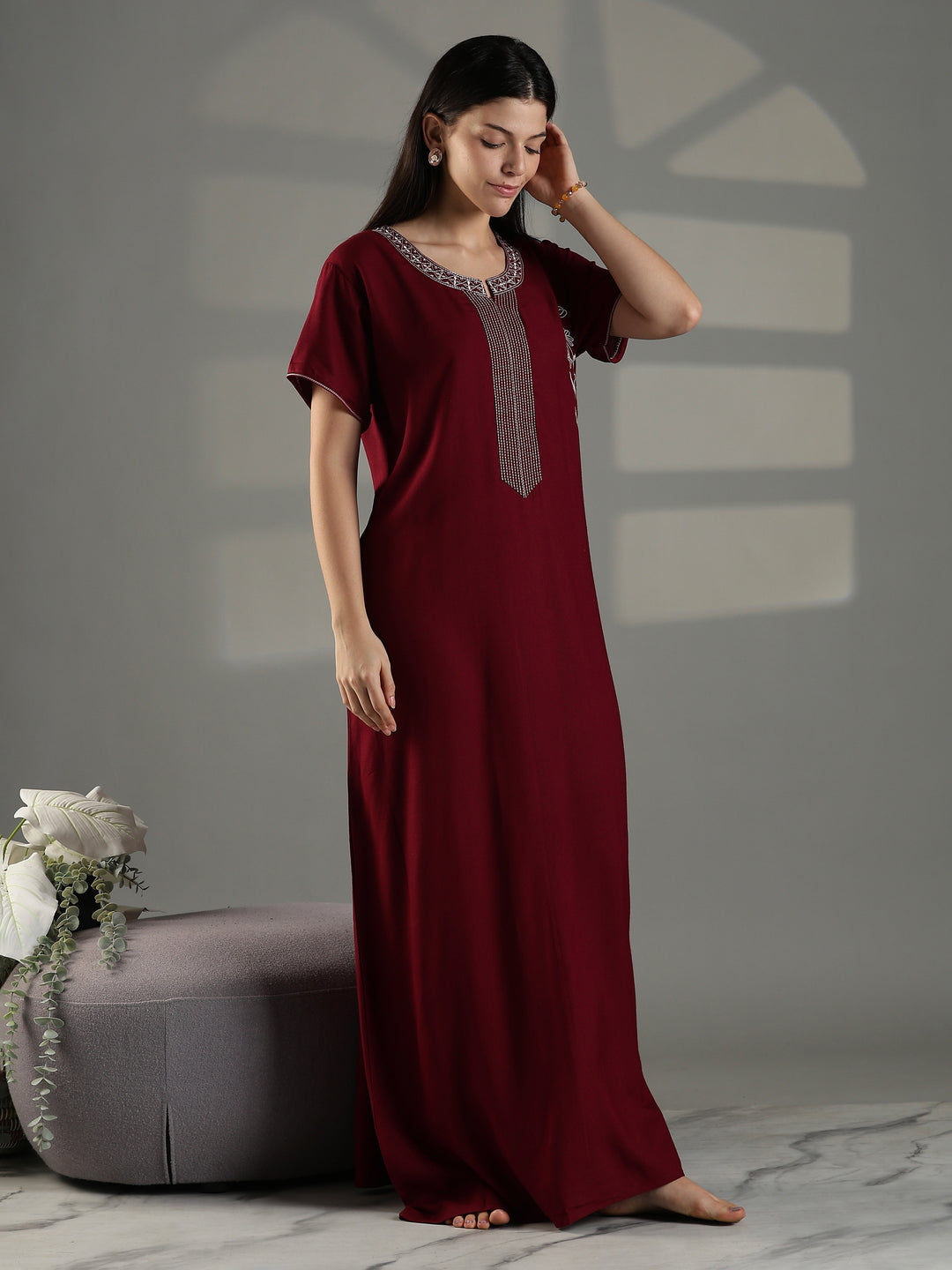 Ruby Red Embroidered Nighty for Women Stylish Cotton Blend