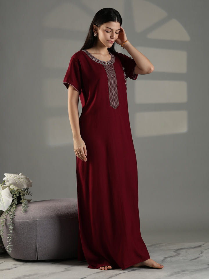 Ruby Red Embroidered Nighty for Women Stylish Cotton Blend