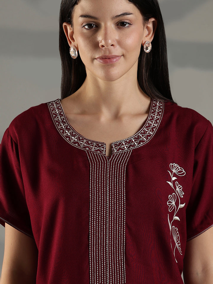Ruby Red Embroidered Nighty for Women Stylish Cotton Blend