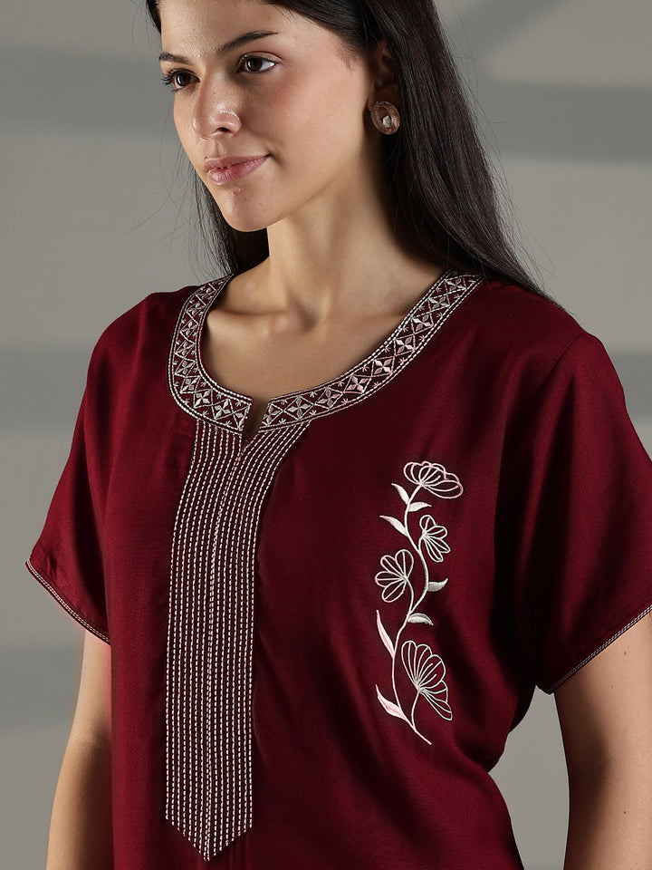 Ruby Red Embroidered Nighty for Women Stylish Cotton Blend