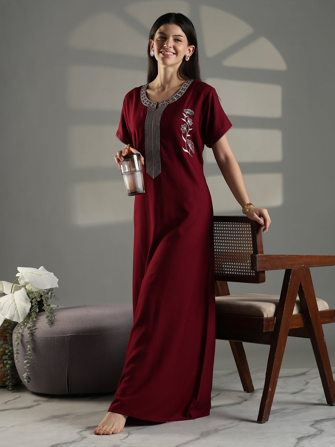 Ruby Red Embroidered Nighty for Women Stylish Cotton Blend
