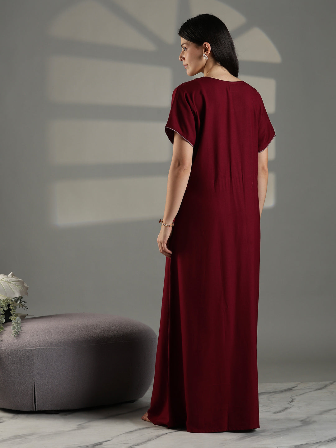 Ruby Red Embroidered Nighty for Women Stylish Cotton Blend