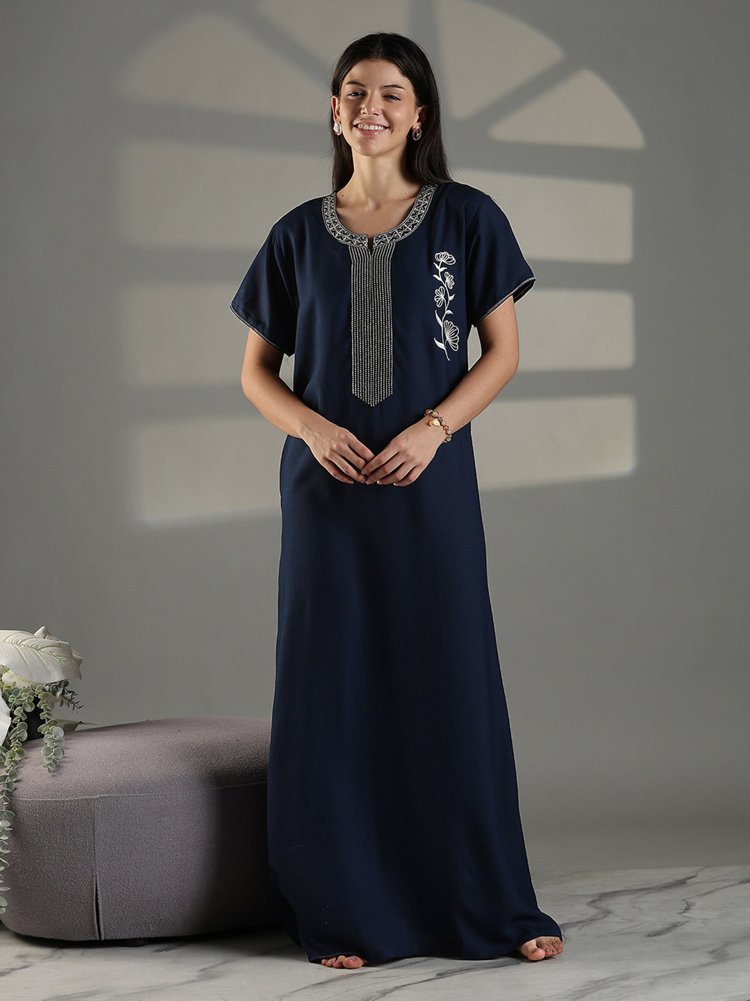 Navy Embroidered Cotton Blend Nighty for Women Elegant A Line