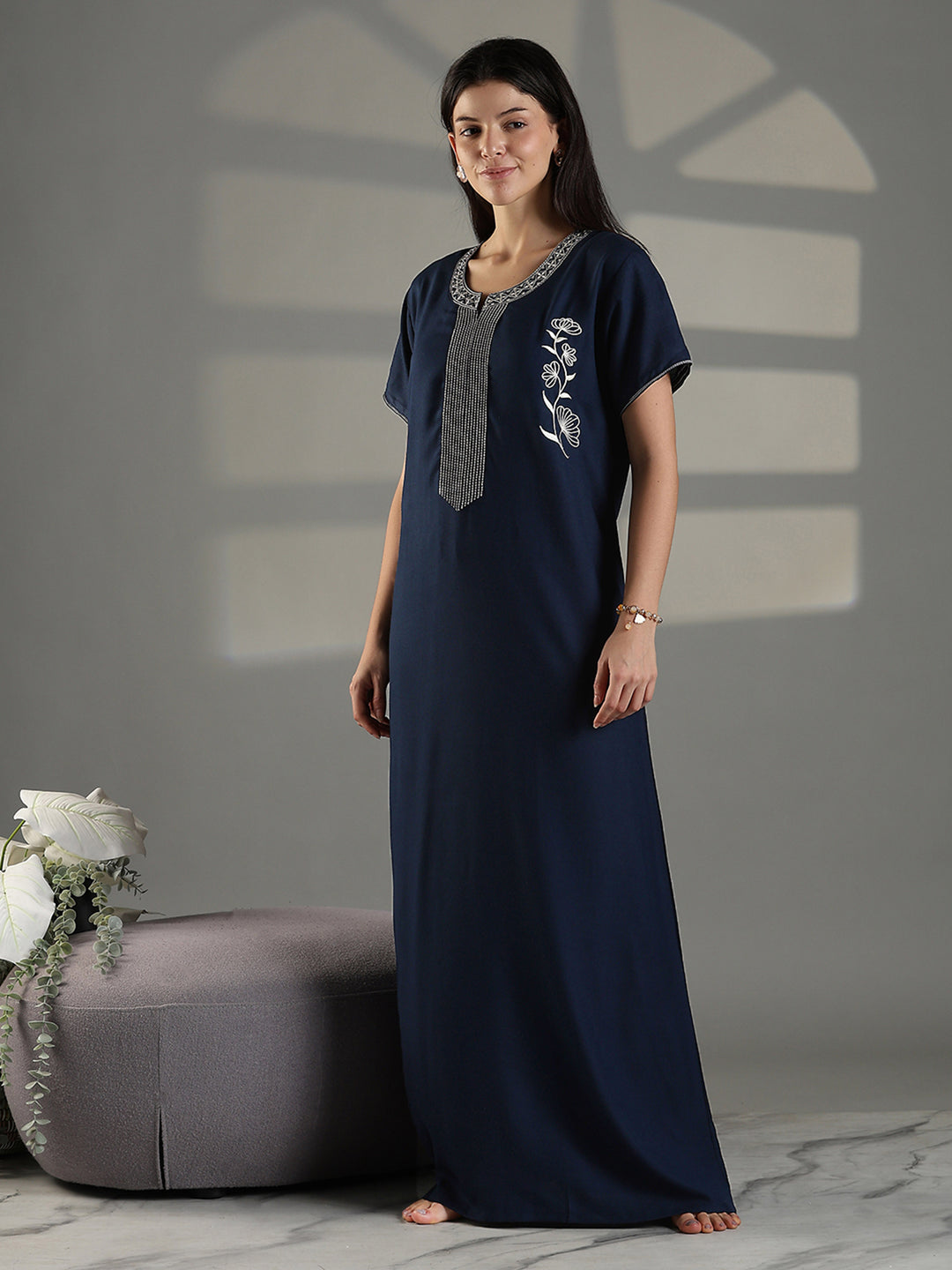 Navy Embroidered Cotton Blend Nighty for Women Elegant A Line
