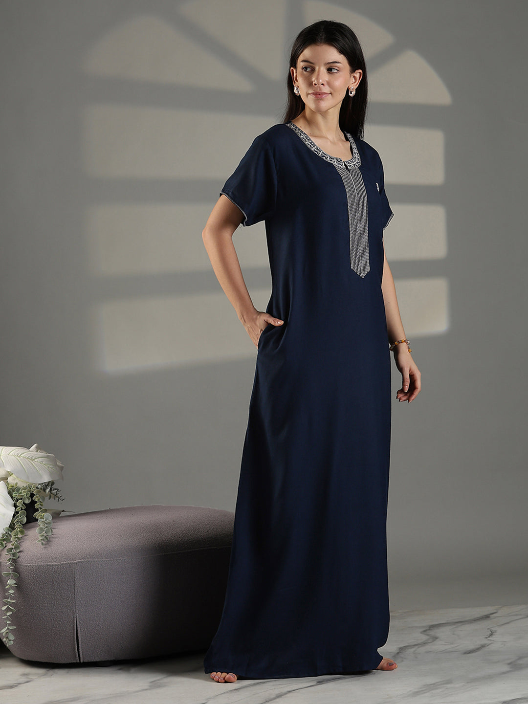 Navy Embroidered Cotton Blend Nighty for Women Elegant A Line
