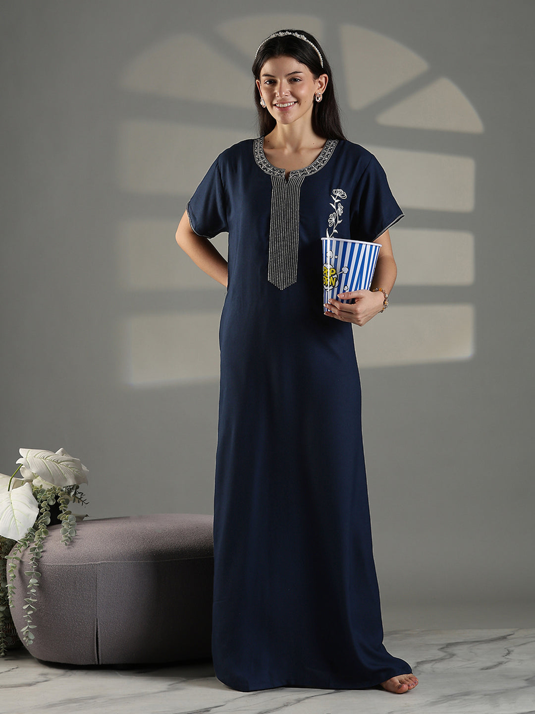 Navy Embroidered Cotton Blend Nighty for Women Elegant A Line