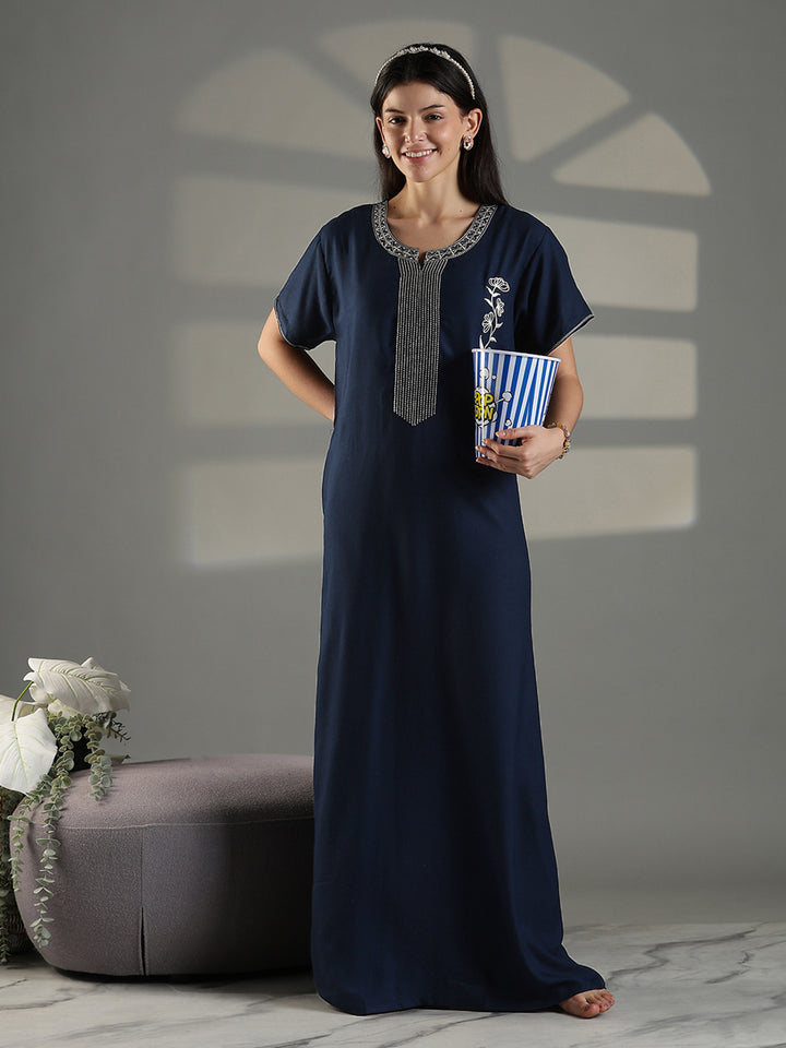 Navy Embroidered Cotton Blend Nighty for Women Elegant A Line