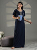 Navy Embroidered Cotton Blend Nighty for Women Elegant A Line