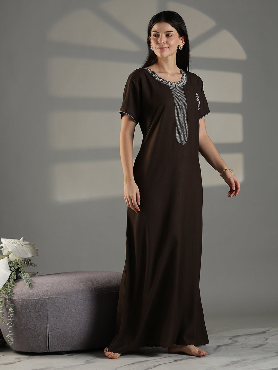 Olive Green Embroidered Nighty for Women Soft Cotton Blend