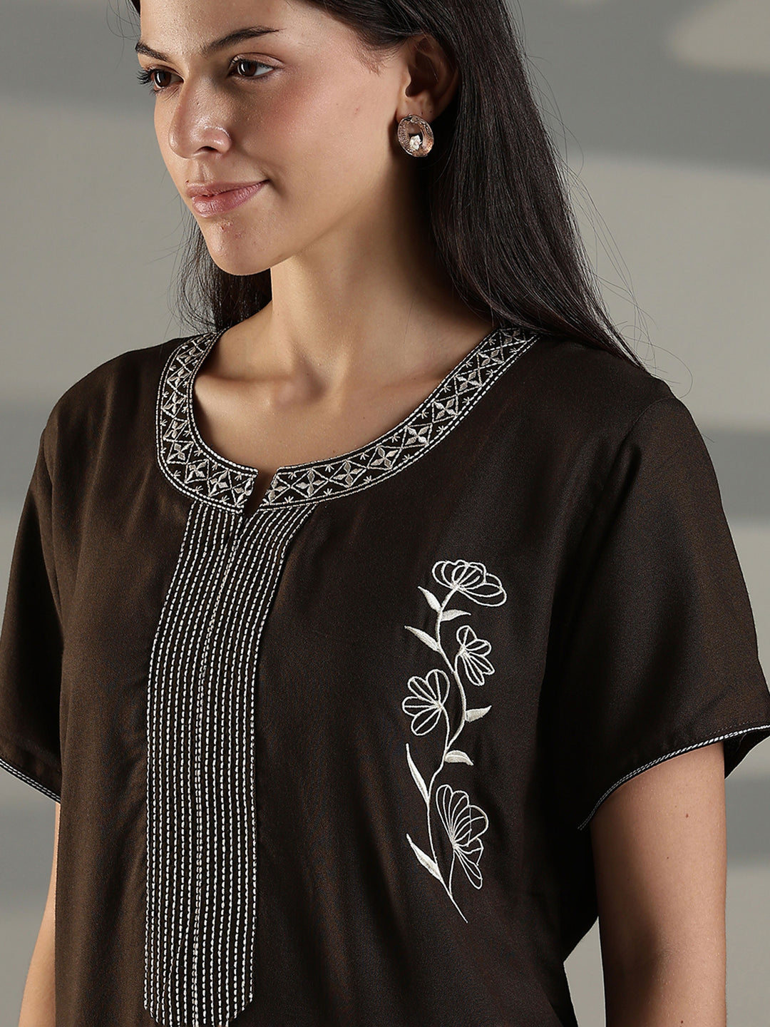 Olive Green Embroidered Nighty for Women Soft Cotton Blend