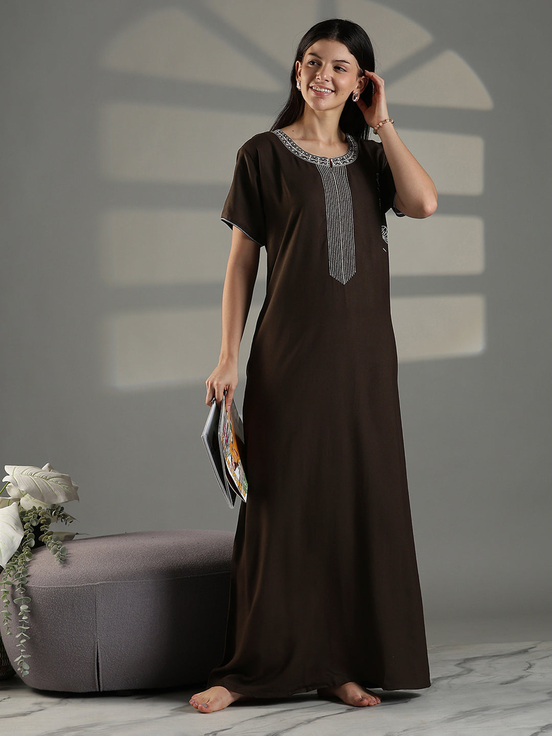 Olive Green Embroidered Nighty for Women Soft Cotton Blend