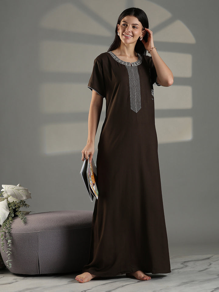 Olive Green Embroidered Nighty for Women Soft Cotton Blend