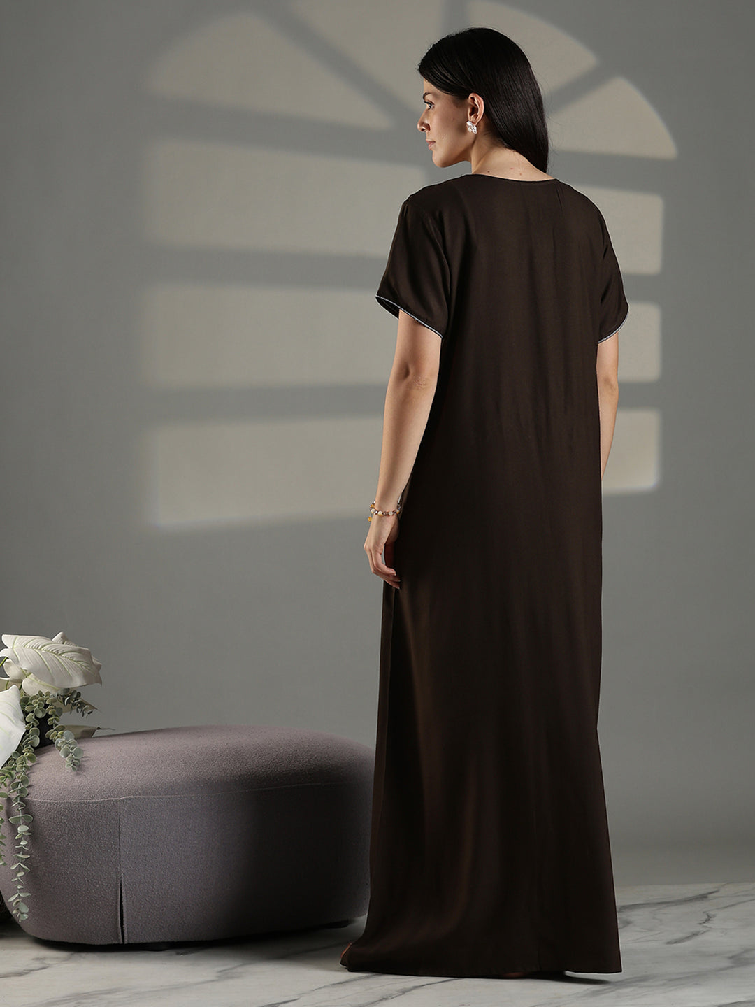 Olive Green Embroidered Nighty for Women Soft Cotton Blend