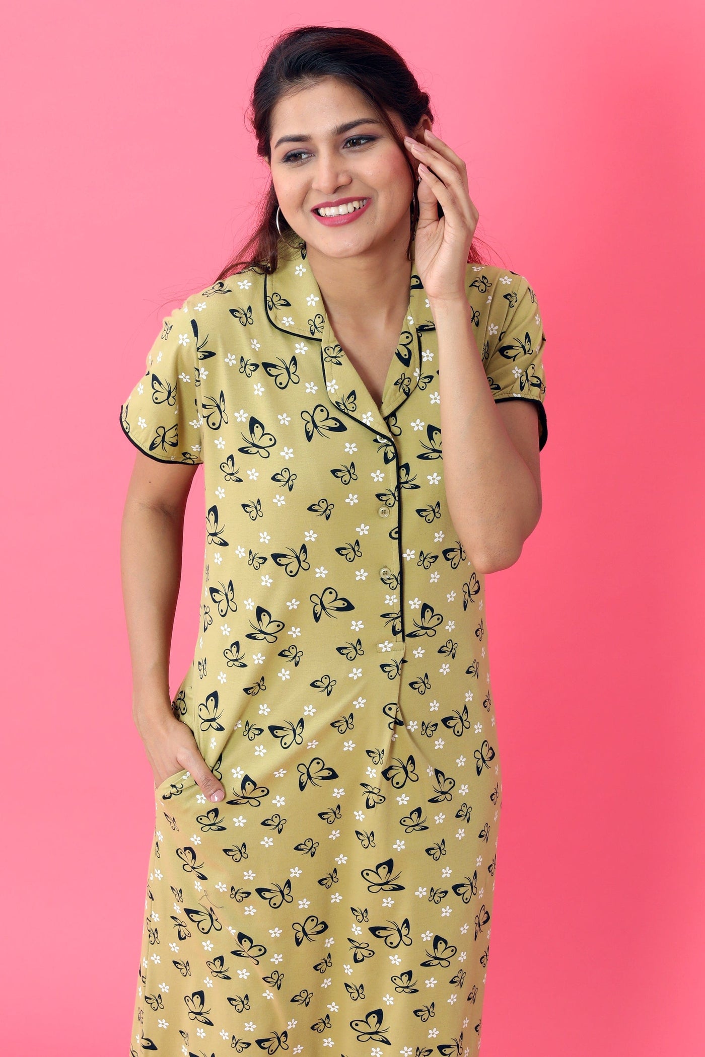 Hosiery Cotton Collar Nighty | Green