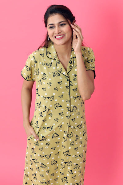 Hosiery Cotton Collar Nighty | Green