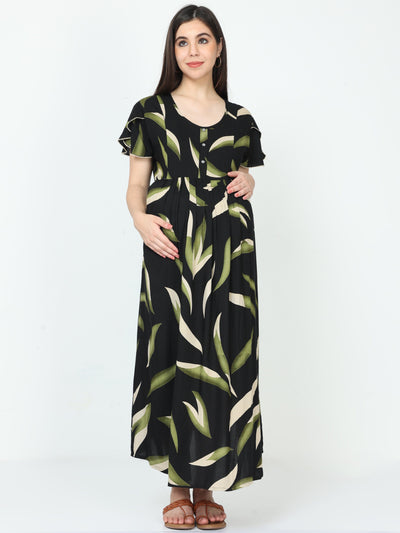 Rayon Maternity Feeding Nighty Black Green