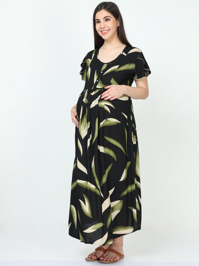 Rayon Maternity Feeding Nighty Black Green