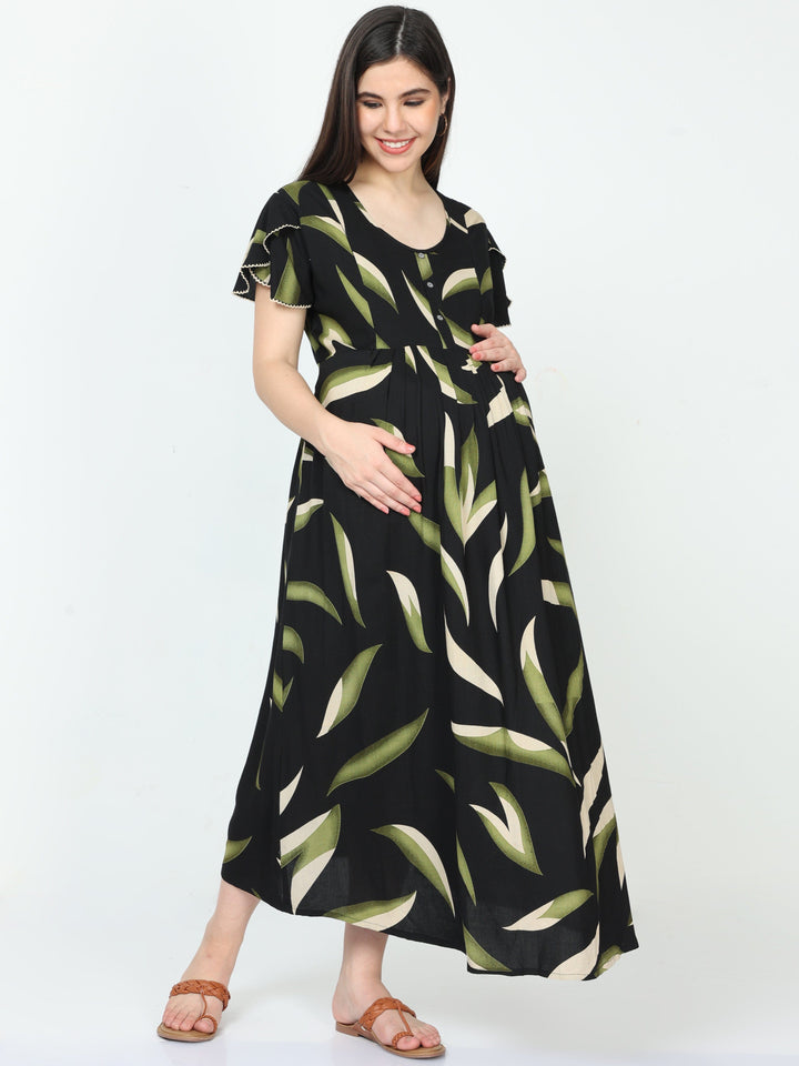  Maternity Dress  Best Maternity Nighties - Feeding Black And Green Nighty- 9shines label 