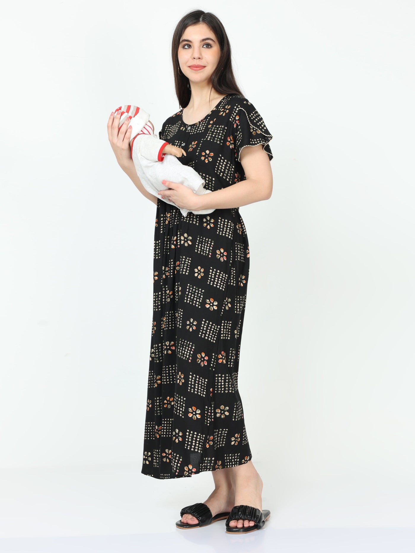 Rayon Maternity Feeding Nighty Black