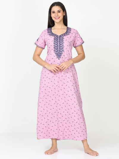 Pure Cotton Designer Nighty Pink Rose