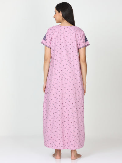 Pure Cotton Designer Nighty Pink Rose