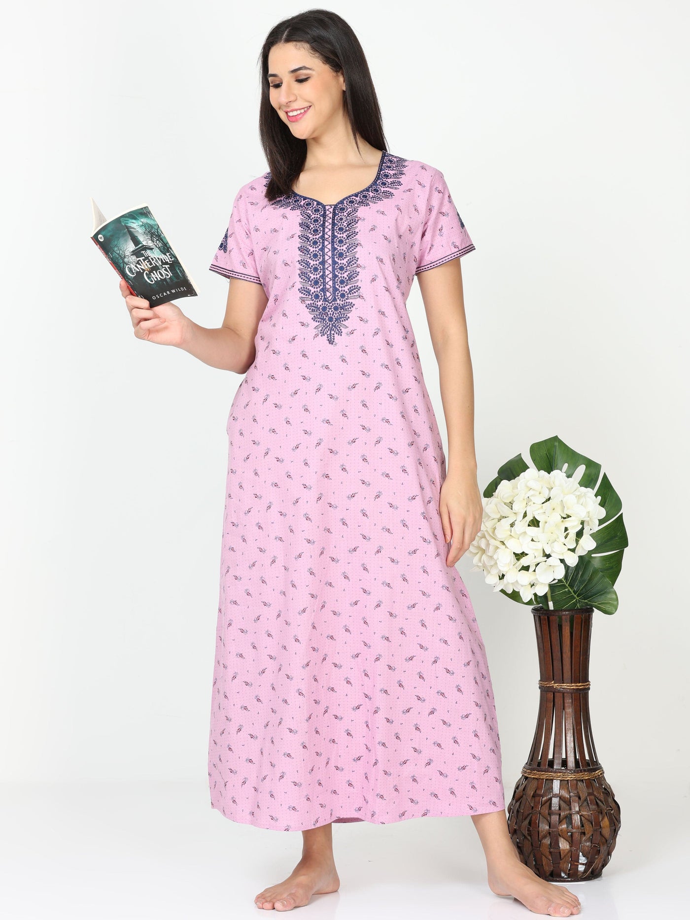 Pure Cotton Designer Nighty Pink Rose