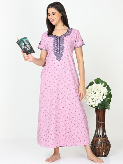Pure Cotton Designer Nighty Pink Rose