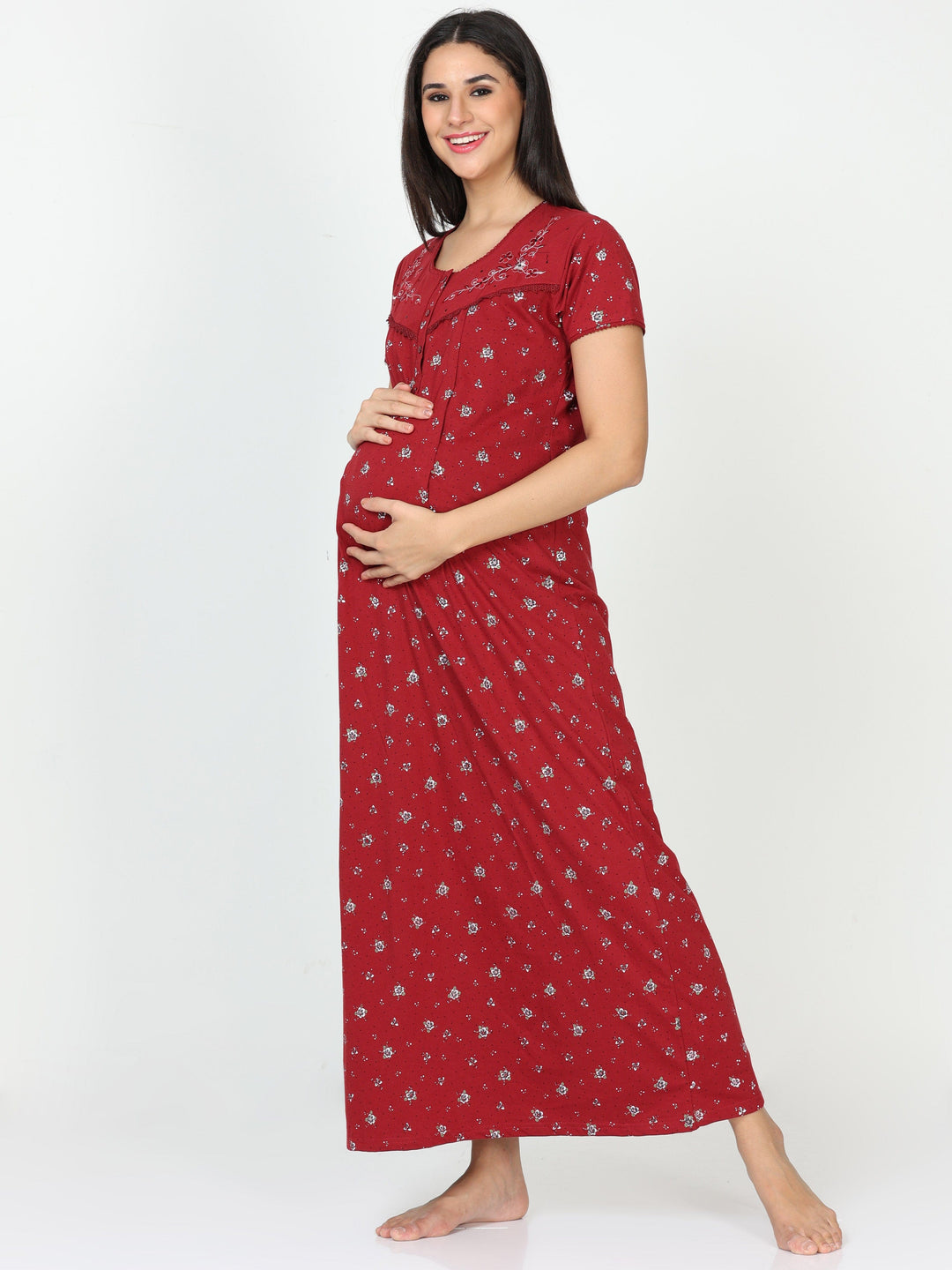  Maternity Long Nighty  Nighties Red - Cotton Blend Maternity Feeding Nighty - 9shines label 