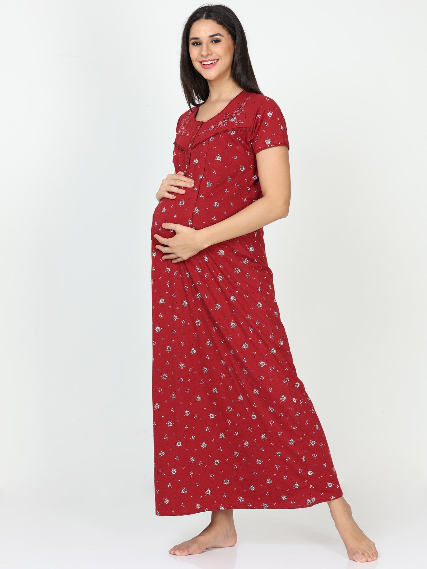 Cotton Blend Maternity Feeding Nighty Crimson Red