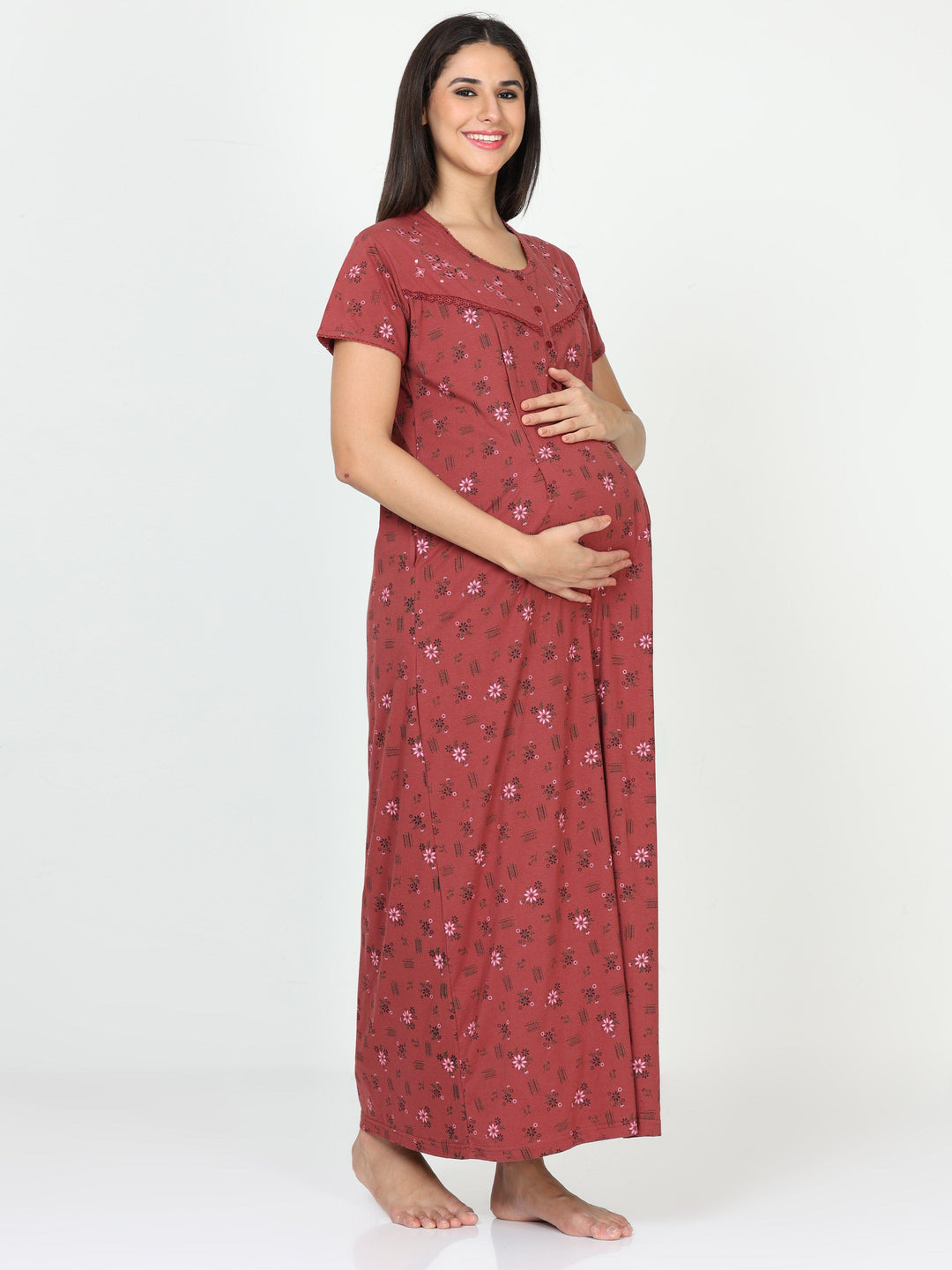  Maternity Long Nighty  Red Nighty Dress - Cotton Blend Maternity Feeding Nighty- 9shines label 