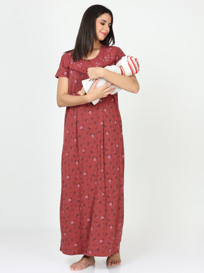 Cotton Blend Maternity Feeding Nighty Indian Red