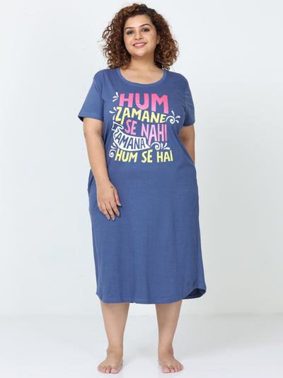 Hosiery Cotton Short Nighty Plus Size Denim Blue