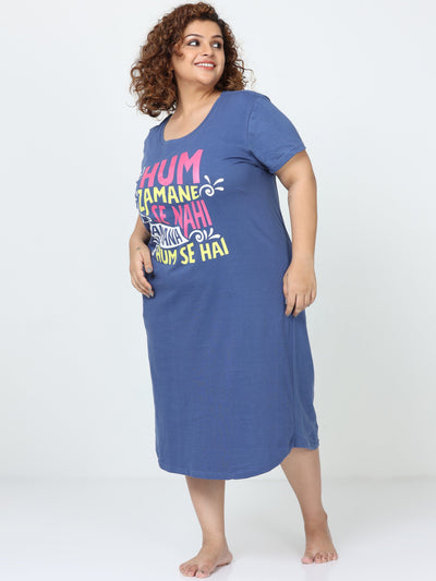 Hosiery Cotton Short Nighty Plus Size Denim Blue