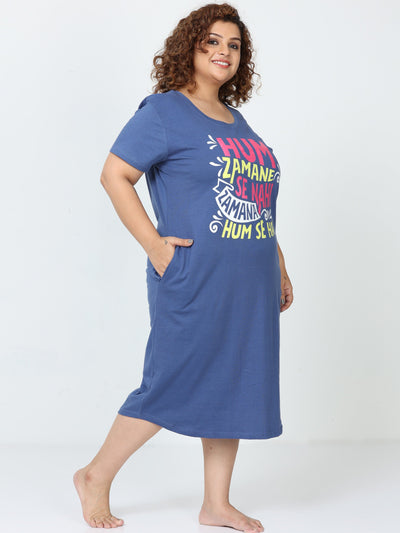 Hosiery Cotton Short Nighty Plus Size Denim Blue