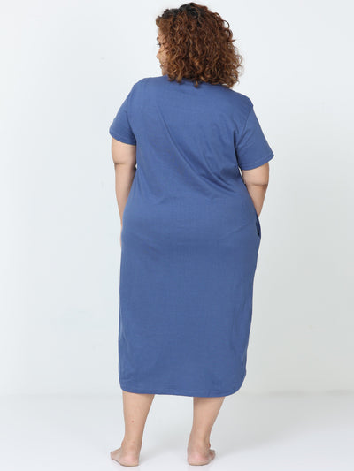 Hosiery Cotton Short Nighty Plus Size Denim Blue