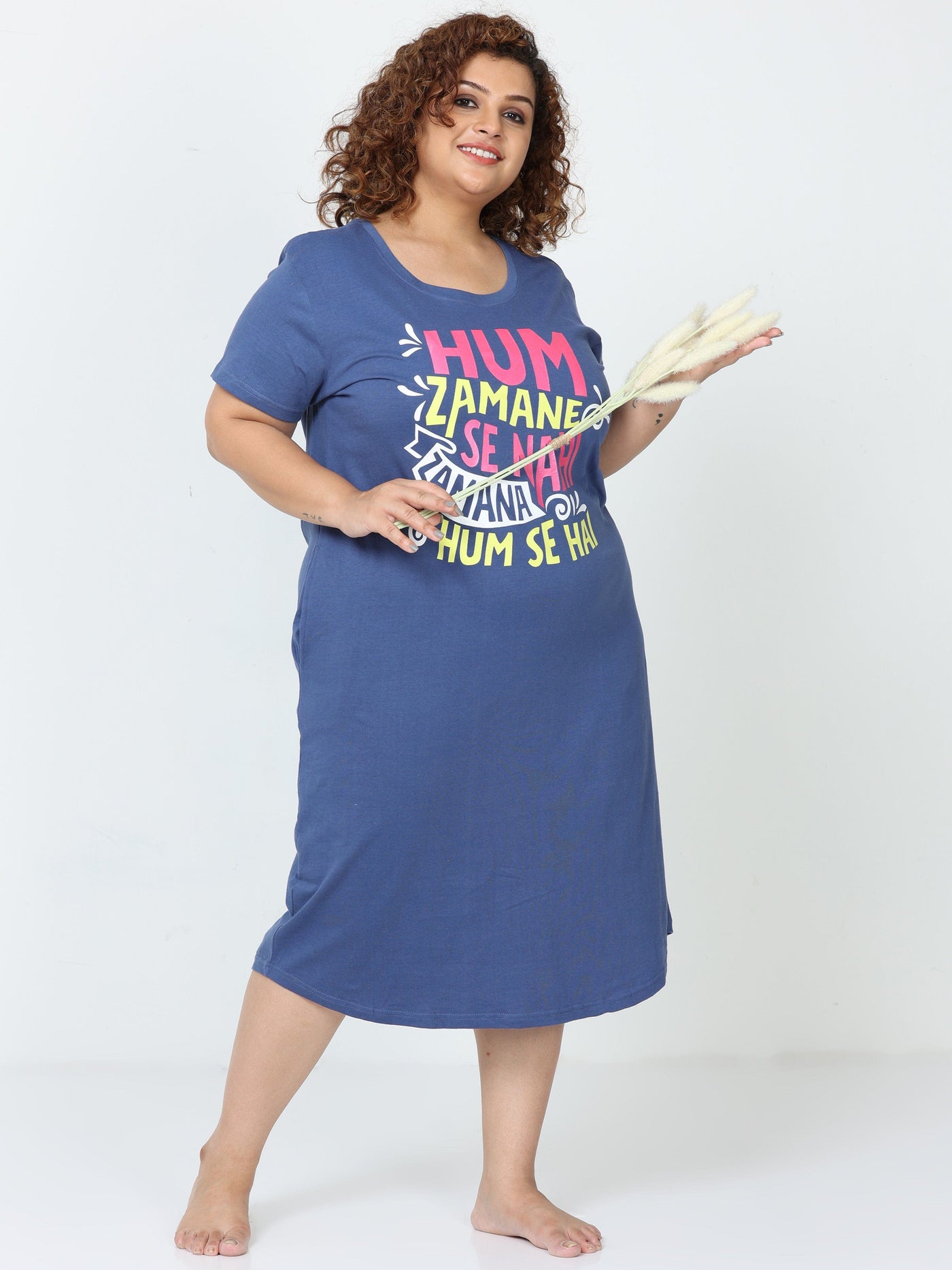 Hosiery Cotton Short Nighty Plus Size Denim Blue