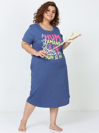 Hosiery Cotton Short Nighty Plus Size Denim Blue