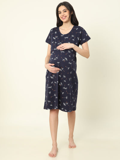 Hosiery Cotton Maternity Nighty Dark Blue