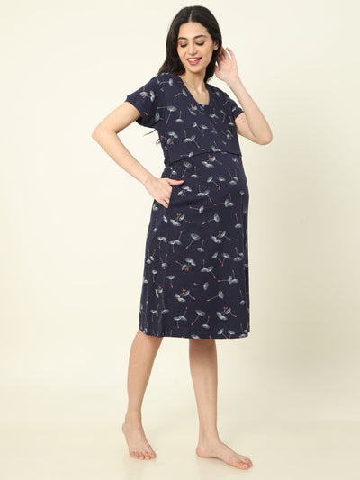 Hosiery Cotton Maternity Nighty Dark Blue