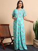 Nightdress for women in Flower Blue A Line style with Pocket and Contrast Neck Design