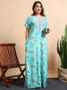 Flower Blue A Line Nightdress with Pocket and Contrast Neck Design