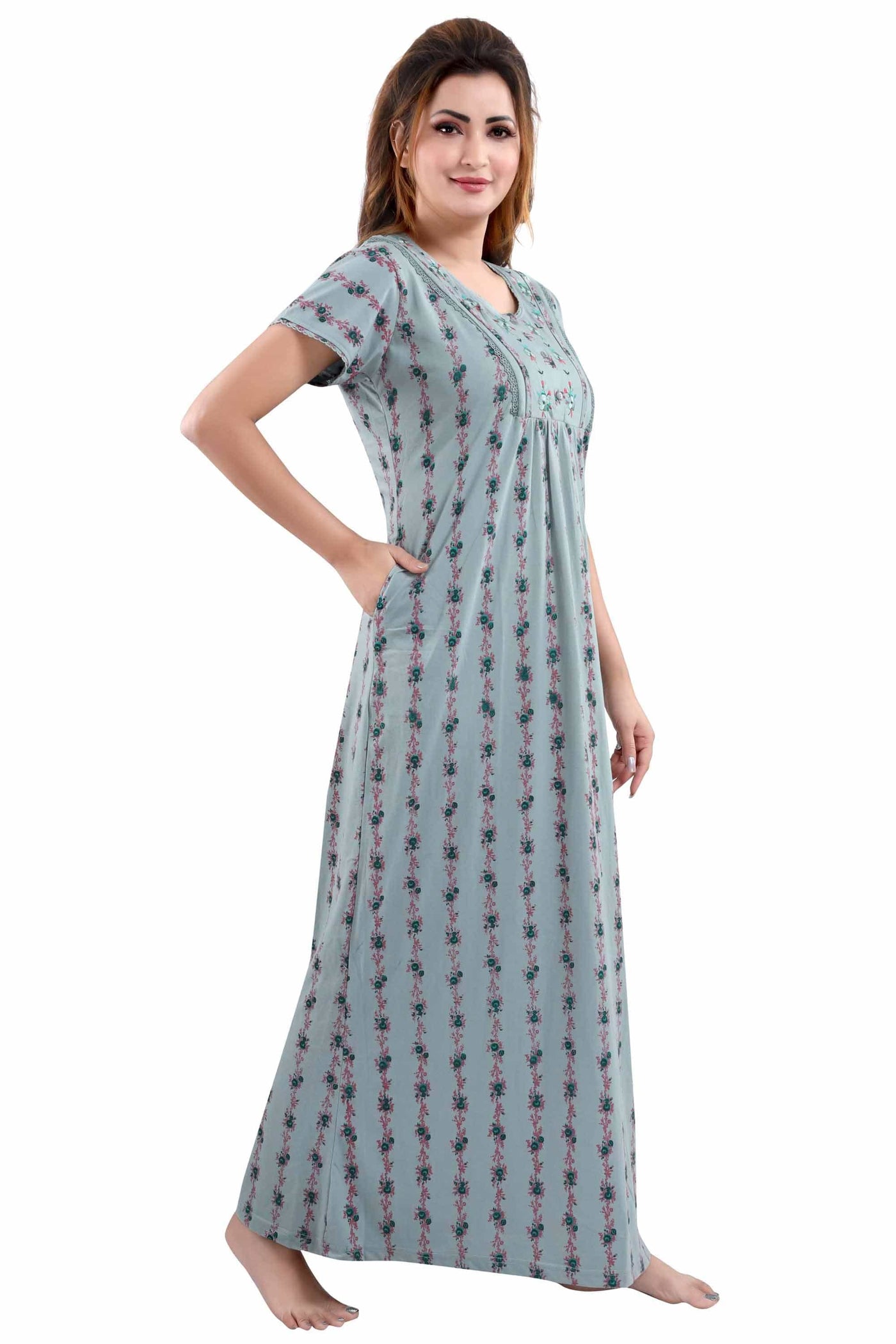 Cotton Blend Designer Nighty | Grey Green
